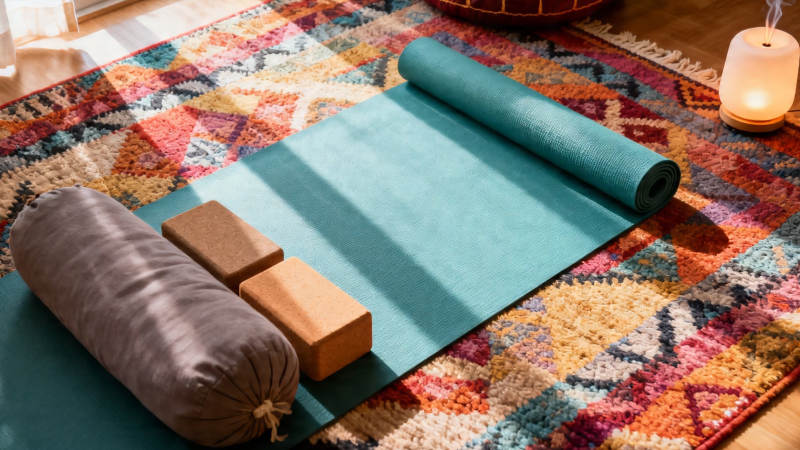 瑜伽垫与辅具静置彩毯上图片