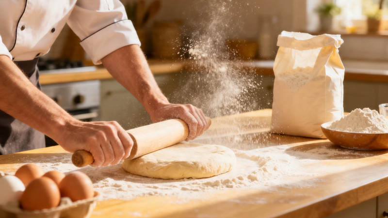 厨师擀面 面粉飞扬图片