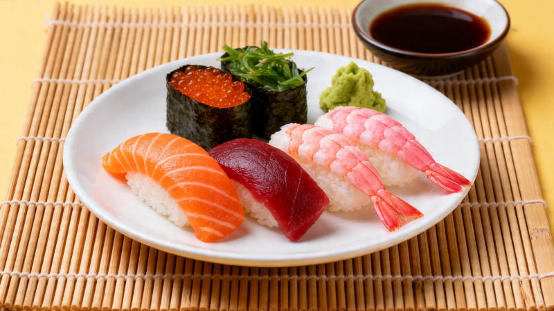 日式寿司拼盘配酱油芥末图片