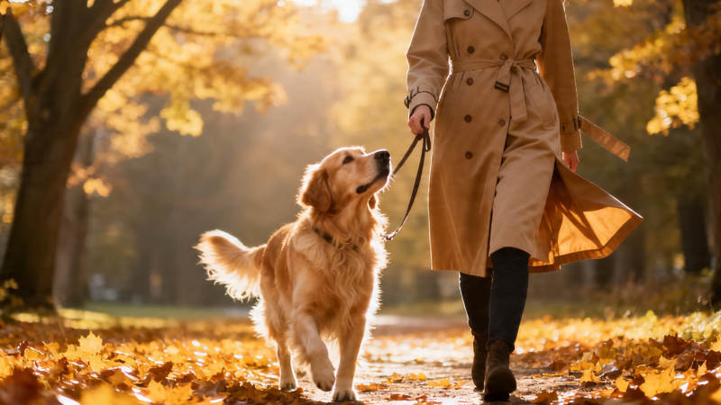 秋日暖阳 人犬漫步林间图片