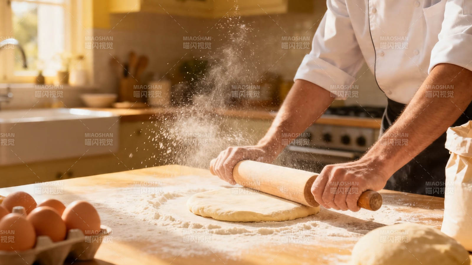 厨师擀面 面粉飞扬图片