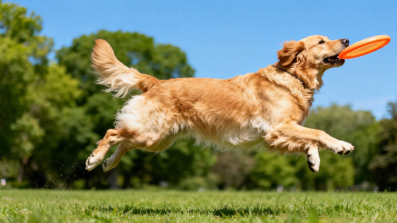 金毛跃起接飞盘图片