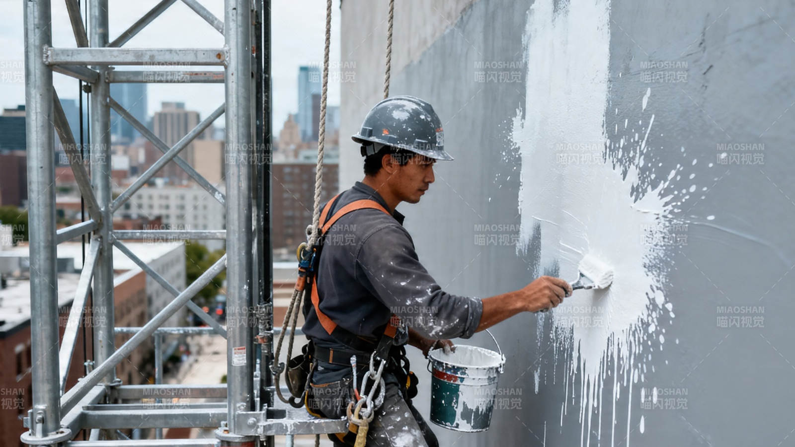 高空粉刷工人作业中图片