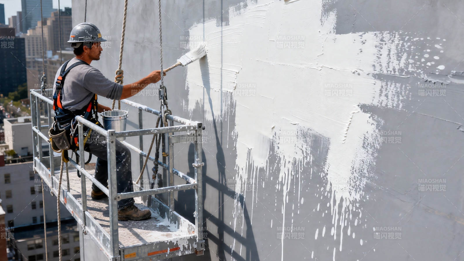 高空刷墙工人作业中图片