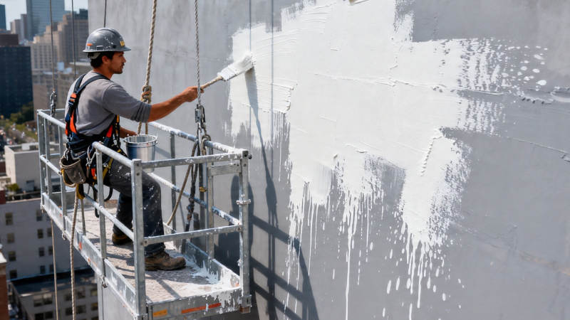 高空刷墙工人作业中图片