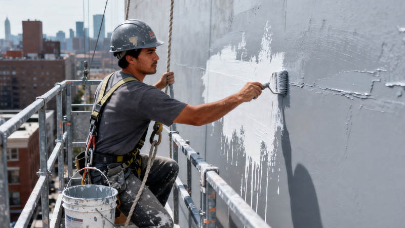 高空粉刷墙面工人图片