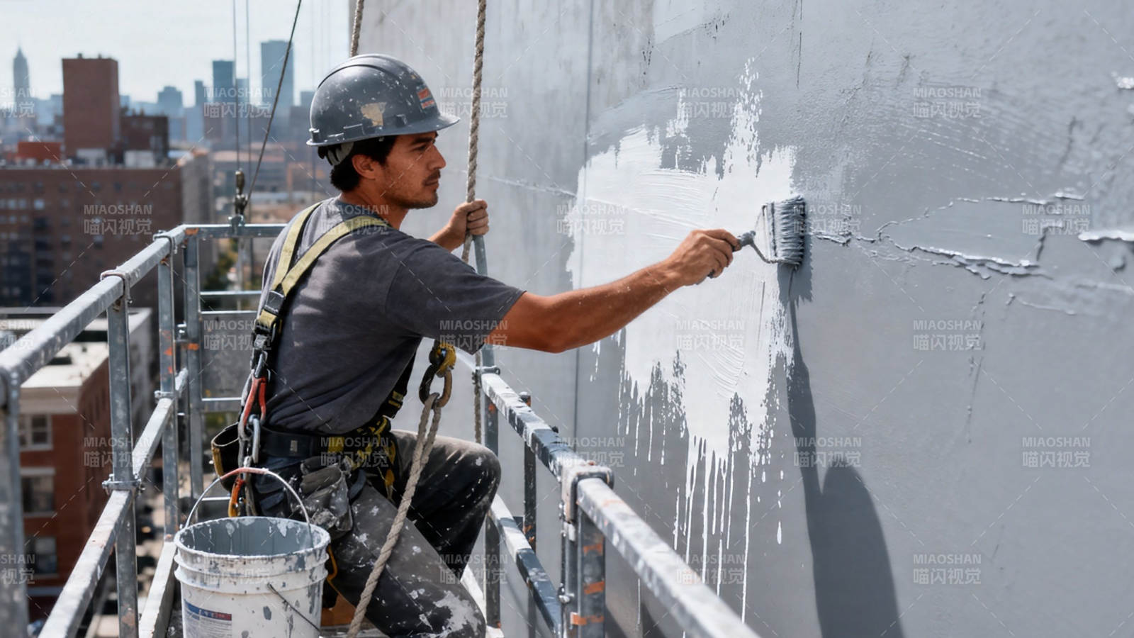 高空粉刷墙面工人图片