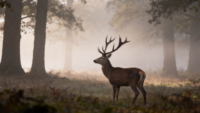 晨雾鹿影 林间静立图片