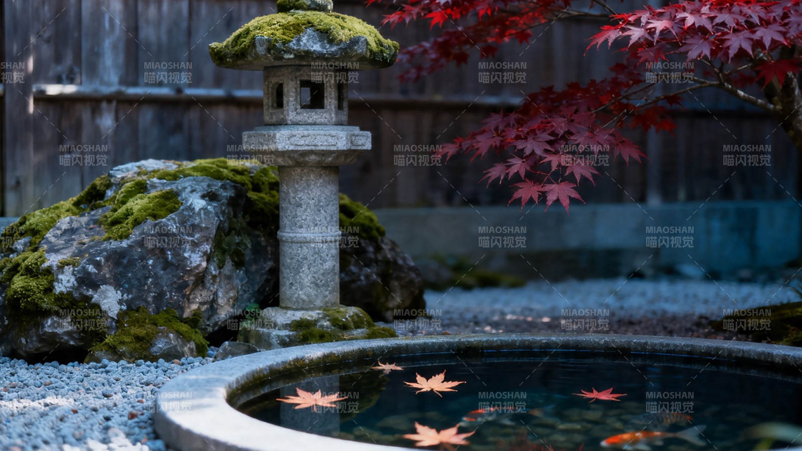 秋日庭院 石灯映红叶图片