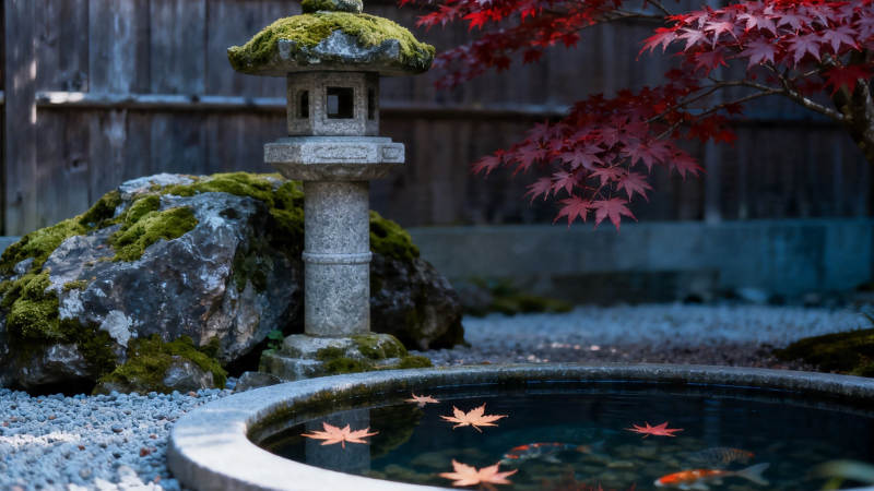 秋日庭院 石灯映红叶图片