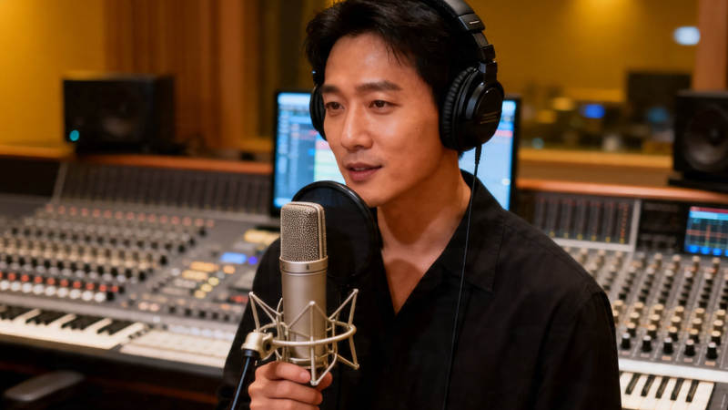 录音棚中专注演唱的歌手图片