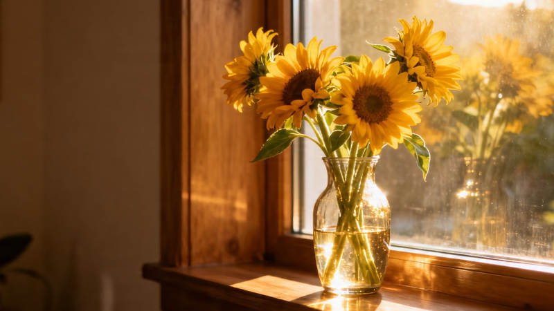 窗台向日葵 暖阳映花影图片