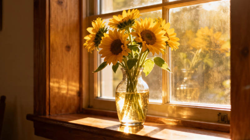 窗台向日葵 暖阳照花瓶图片