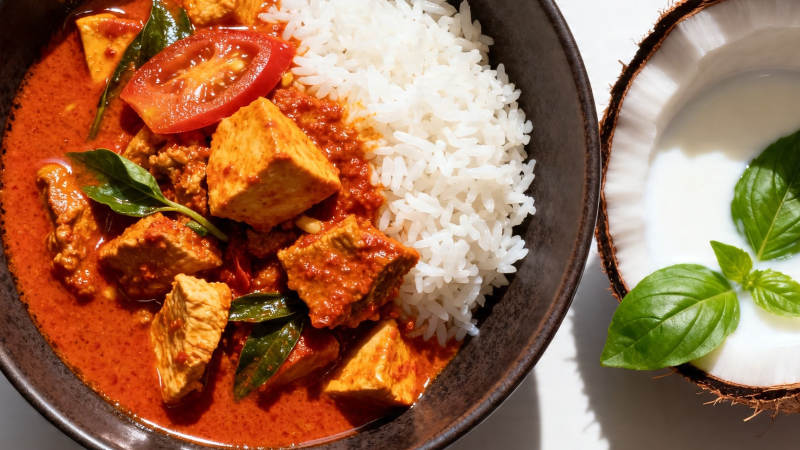 椰香咖喱豆腐配白米饭图片