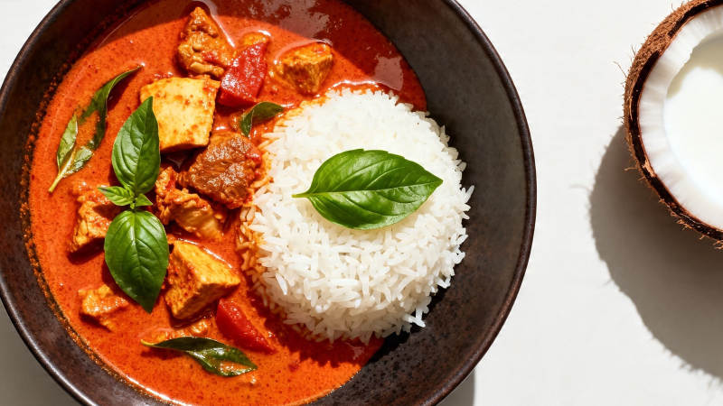 椰香咖喱饭配鲜罗勒图片