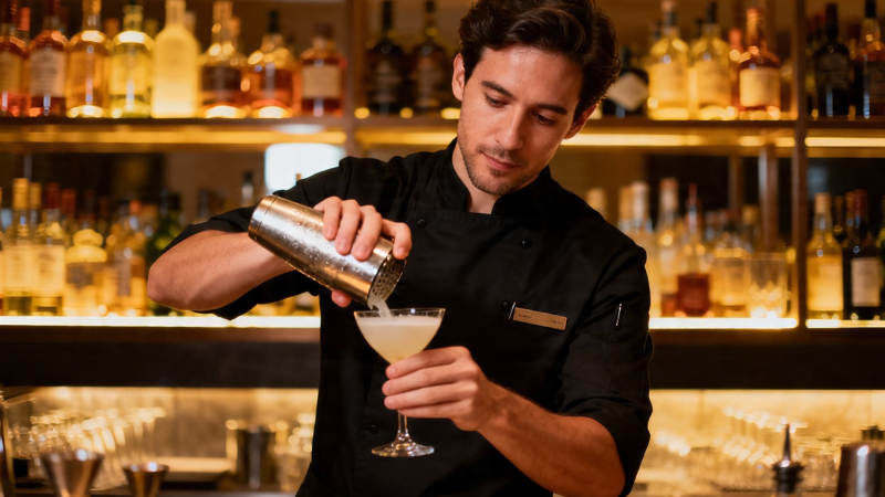 调酒师专注斟酒瞬间图片