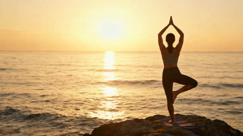 夕阳海边瑜伽静立图片