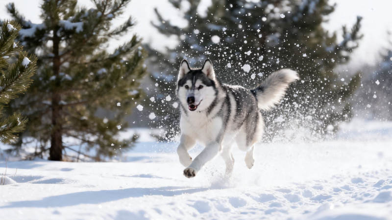 雪地里奔跑的哈士奇图片