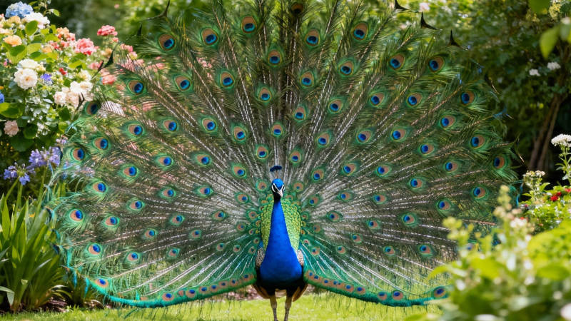 孔雀开屏 花丛炫彩图片