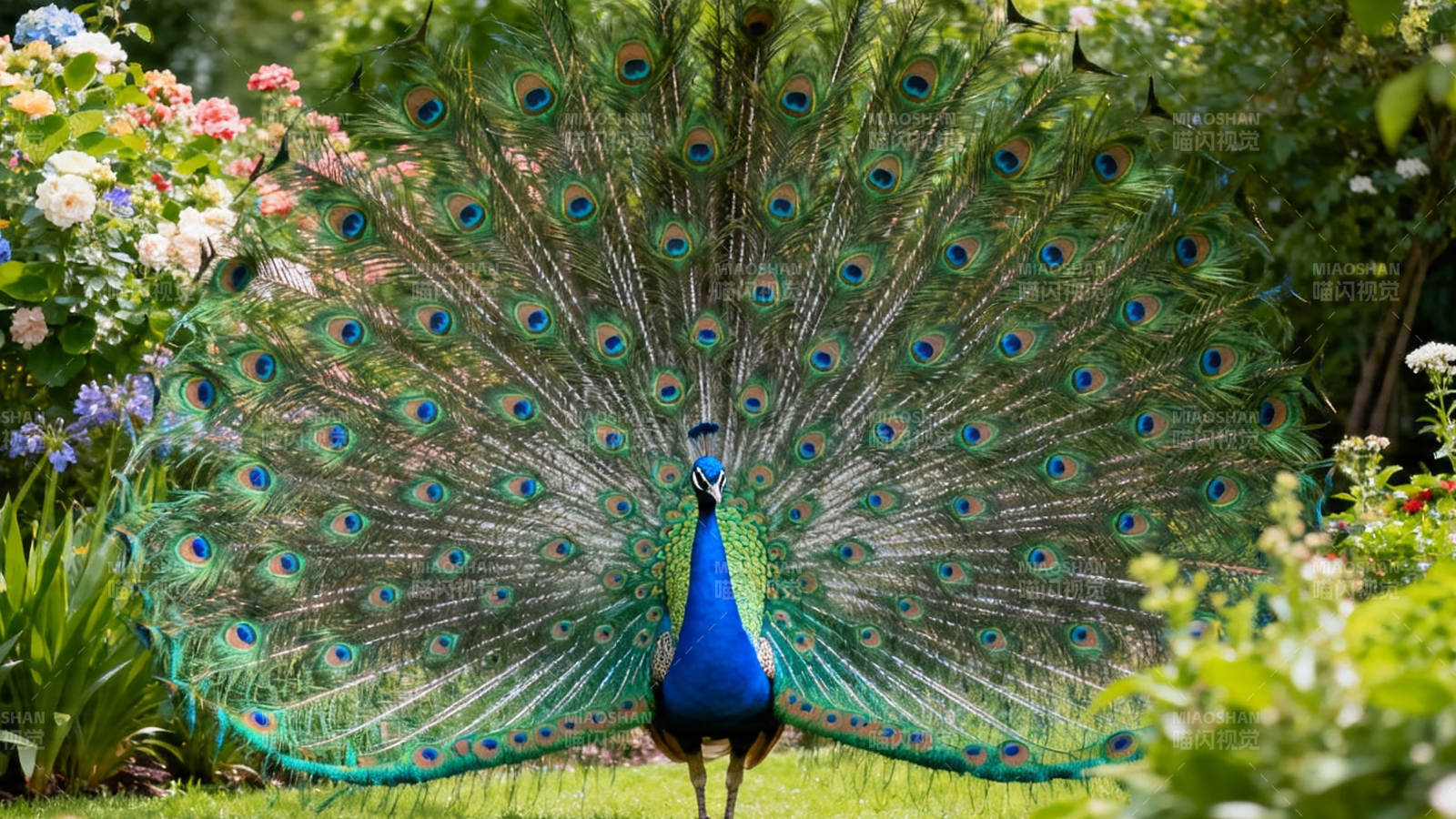 孔雀开屏 花丛炫彩图片