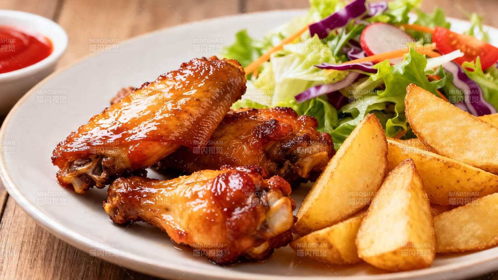 烤鸡翅配薯角沙拉图片