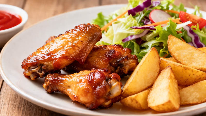 烤鸡翅配薯角沙拉图片