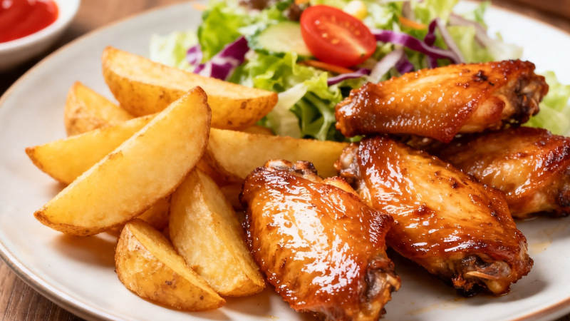 烤鸡翅配薯角沙拉图片