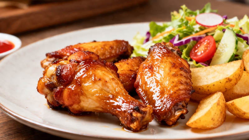 烤鸡翅配薯角沙拉图片