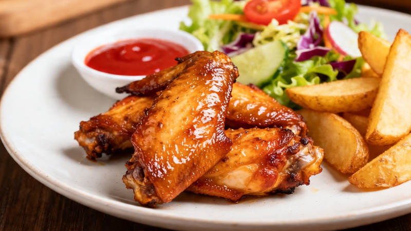 烤鸡翅配薯条沙拉图片