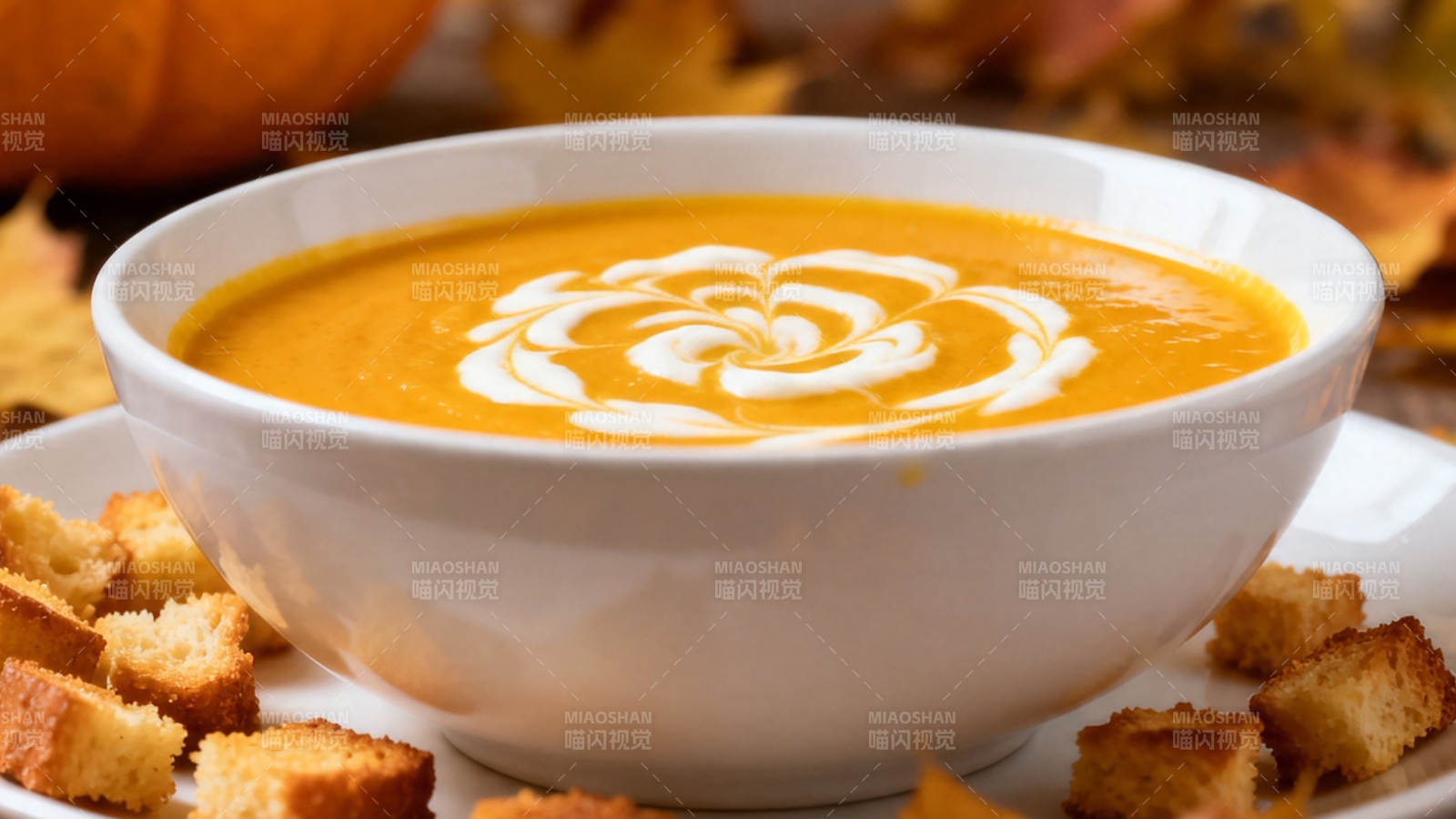 南瓜浓汤配脆面包丁图片