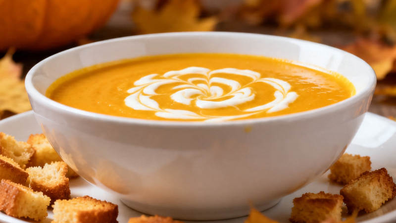 南瓜浓汤配脆面包丁图片