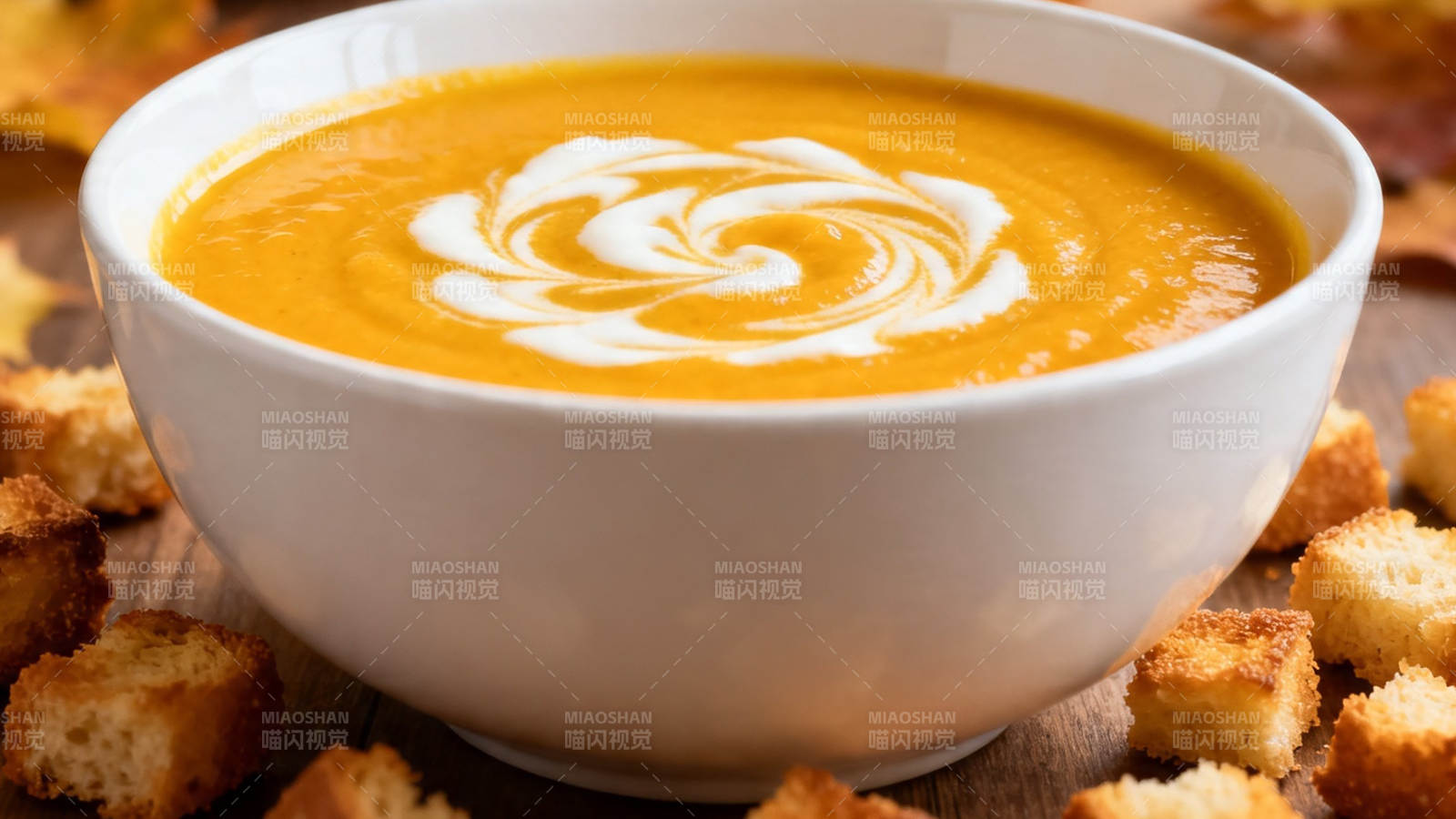 南瓜浓汤配脆面包丁图片
