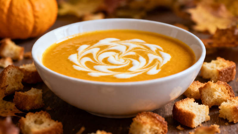 南瓜浓汤配脆面包丁图片