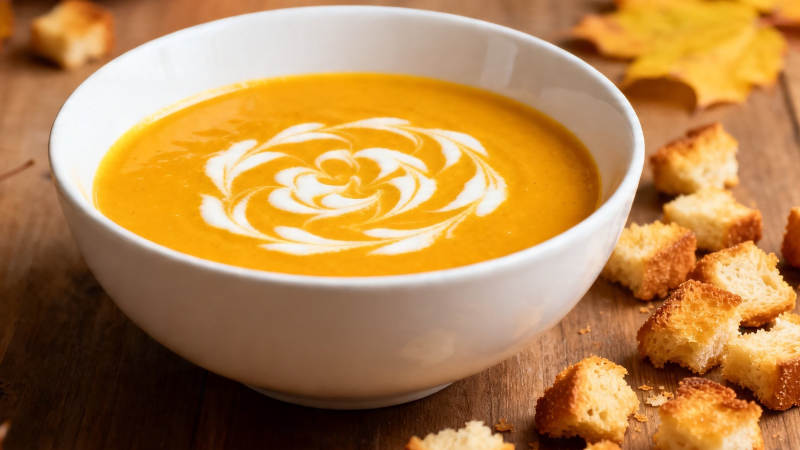 南瓜浓汤配脆面包丁图片