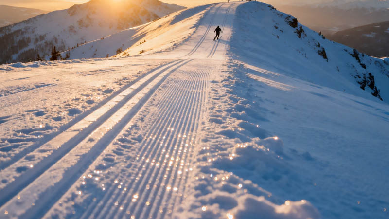雪道夕阳 一人独行山巅图片