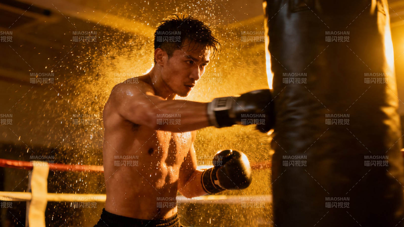 拳击手挥汗如雨击沙袋图片