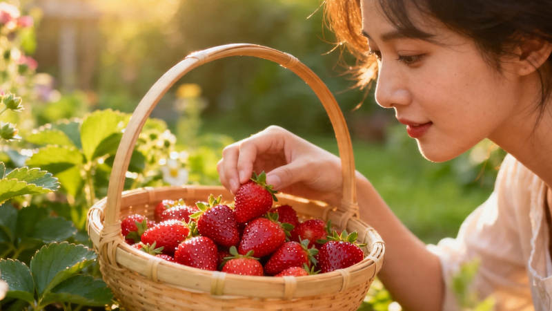 草莓采摘乐 篮满心欢喜图片
