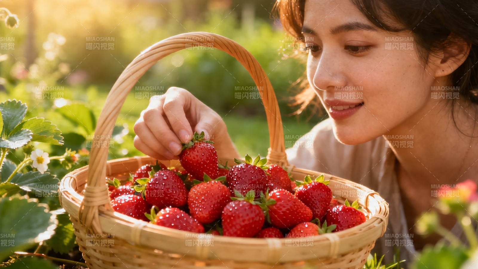 草莓采摘 笑容满篮图片