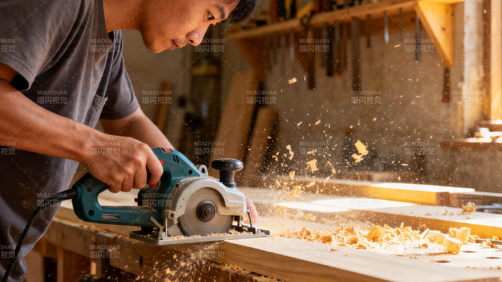 木工切割木材 木屑飞溅图片