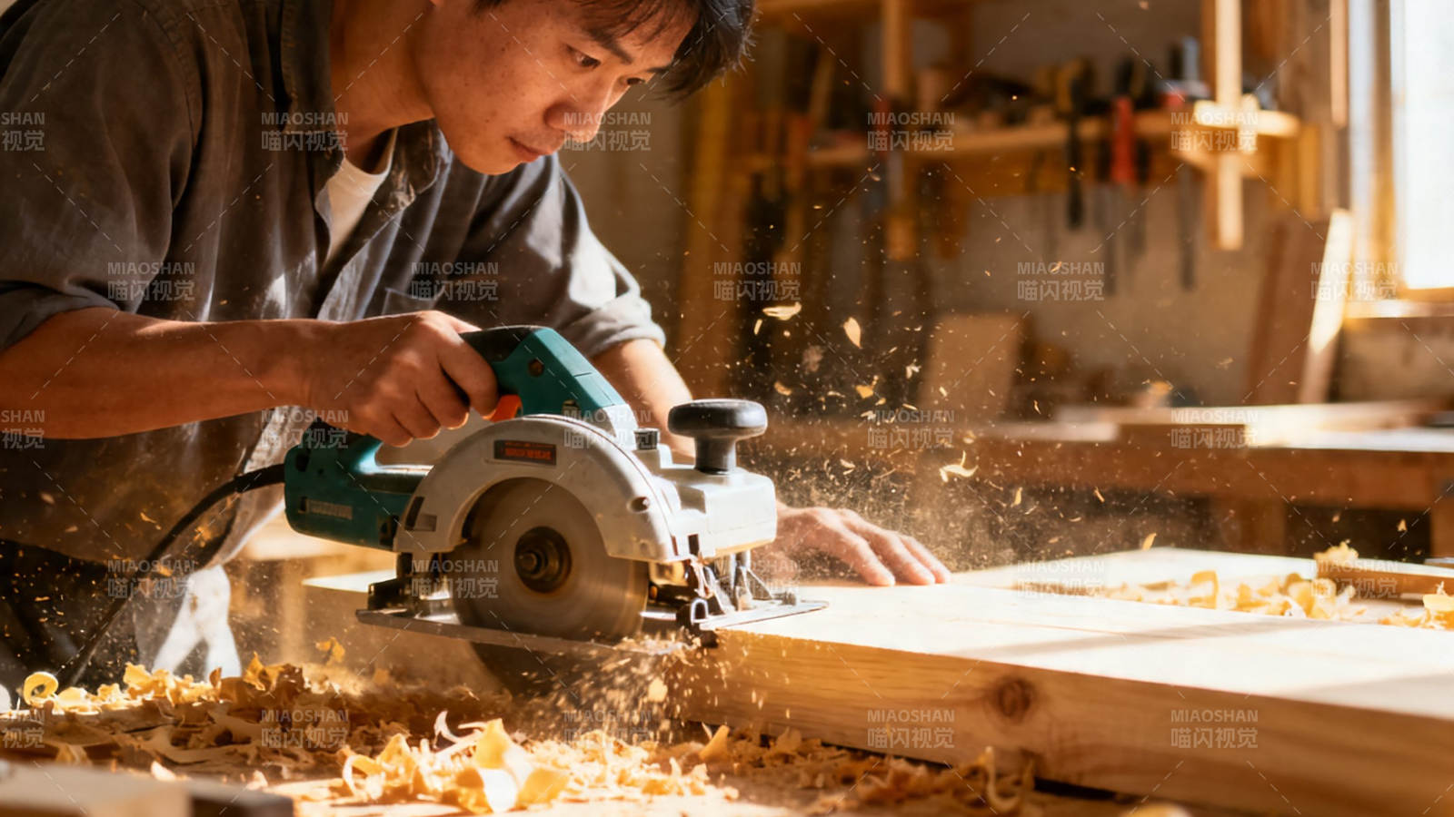 木工切割木板 木屑飞扬图片