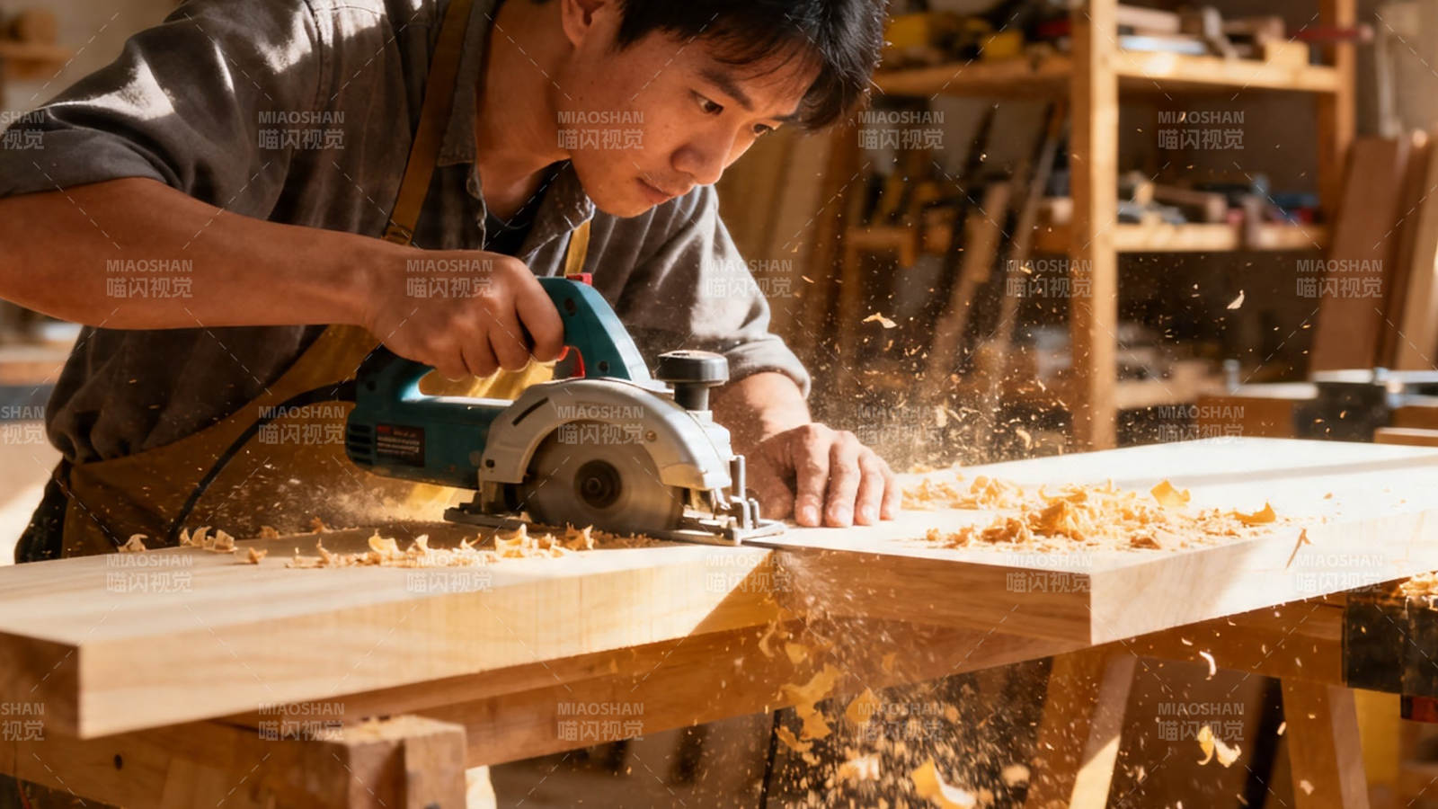 木工切割木板 木屑飞扬图片