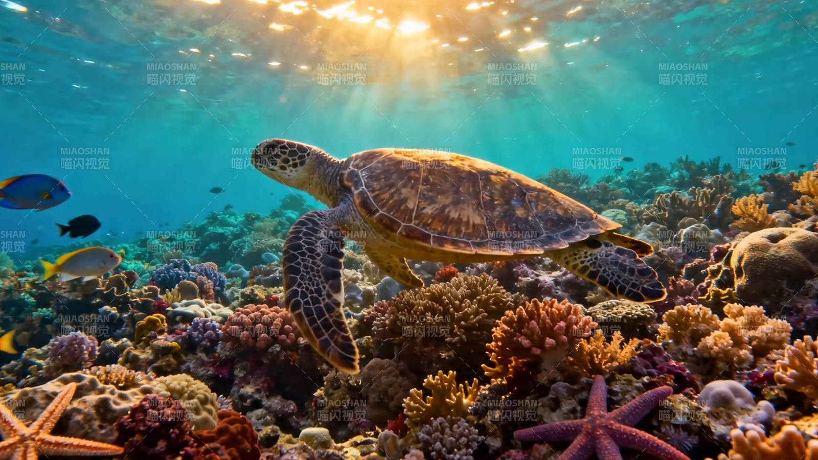 海龟游弋珊瑚礁 阳光穿透海底世界图片