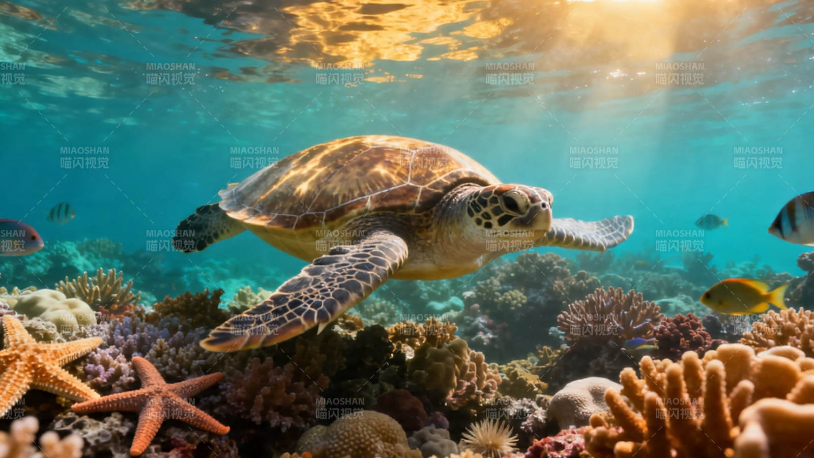 海龟悠游珊瑚礁图片