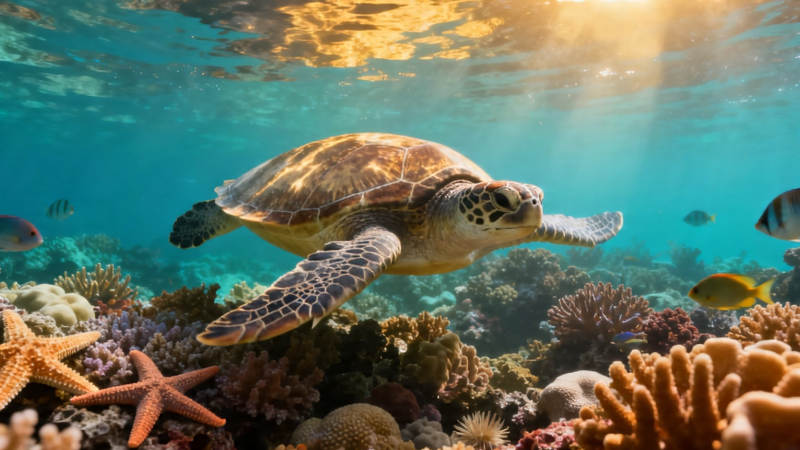 海龟悠游珊瑚礁图片