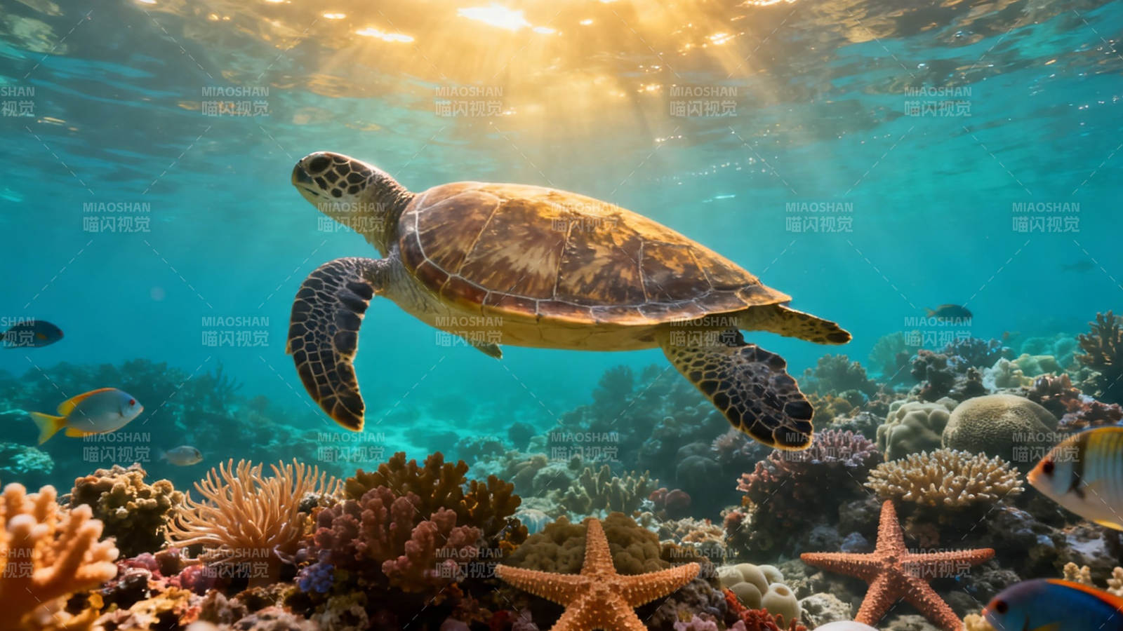 海龟悠游珊瑚礁图片