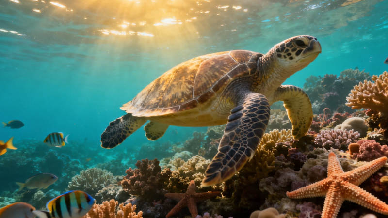 海龟悠游珊瑚礁图片