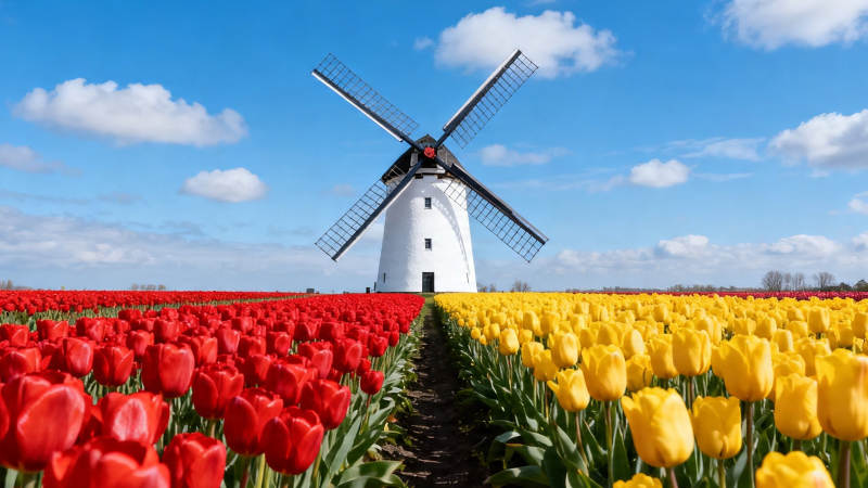 风车下的红黄郁金香花海图片