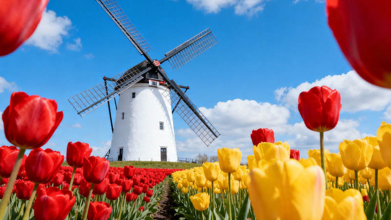 风车 tulip 花海蓝天图片