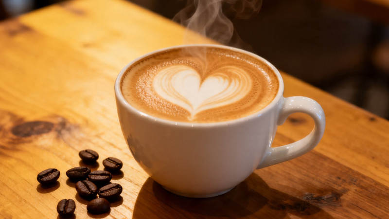 热咖啡心形拉花配咖啡豆图片