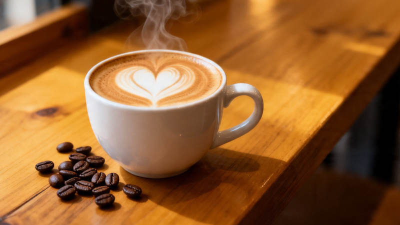 热咖啡配豆 心形拉花暖人心图片